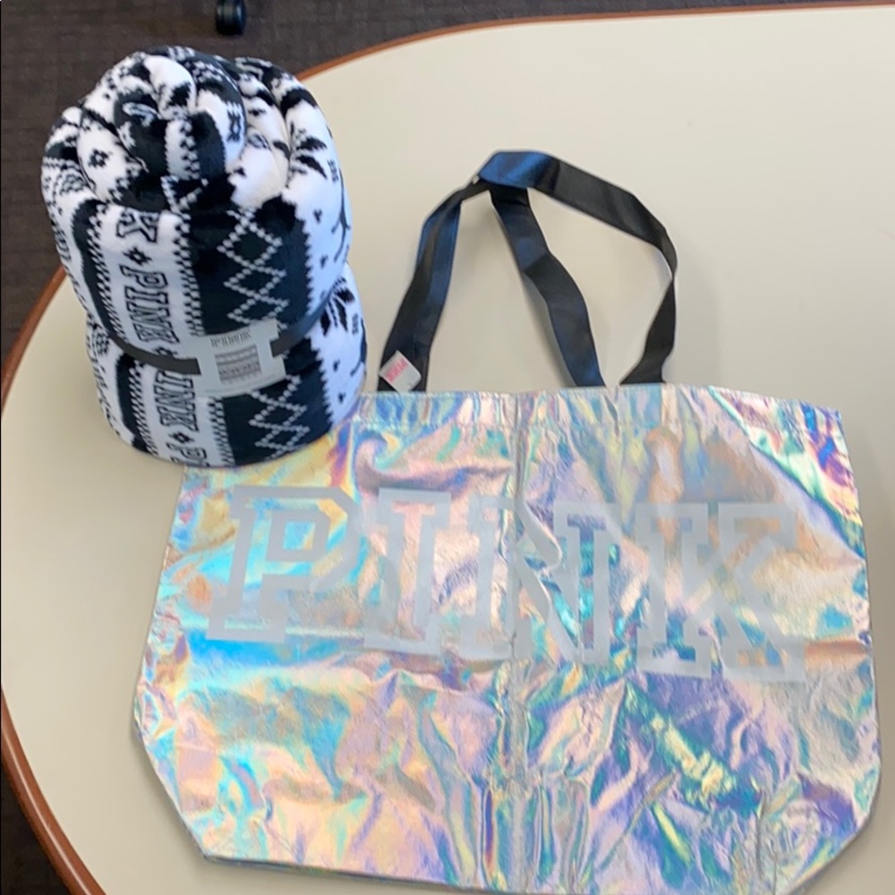 Pink tote and fleece blanket